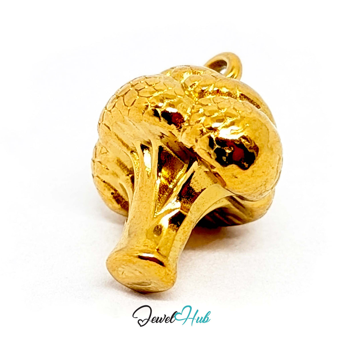 Angled view of the gold-tone 3D broccoli charm - JewelHub