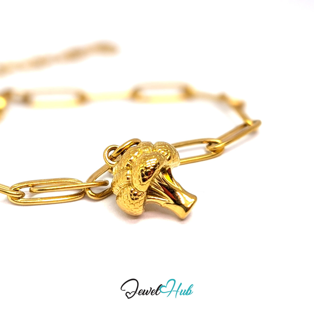 Gold-tone 3D broccoli charm styled on a gold paperclip chain bracelet - JewelHub