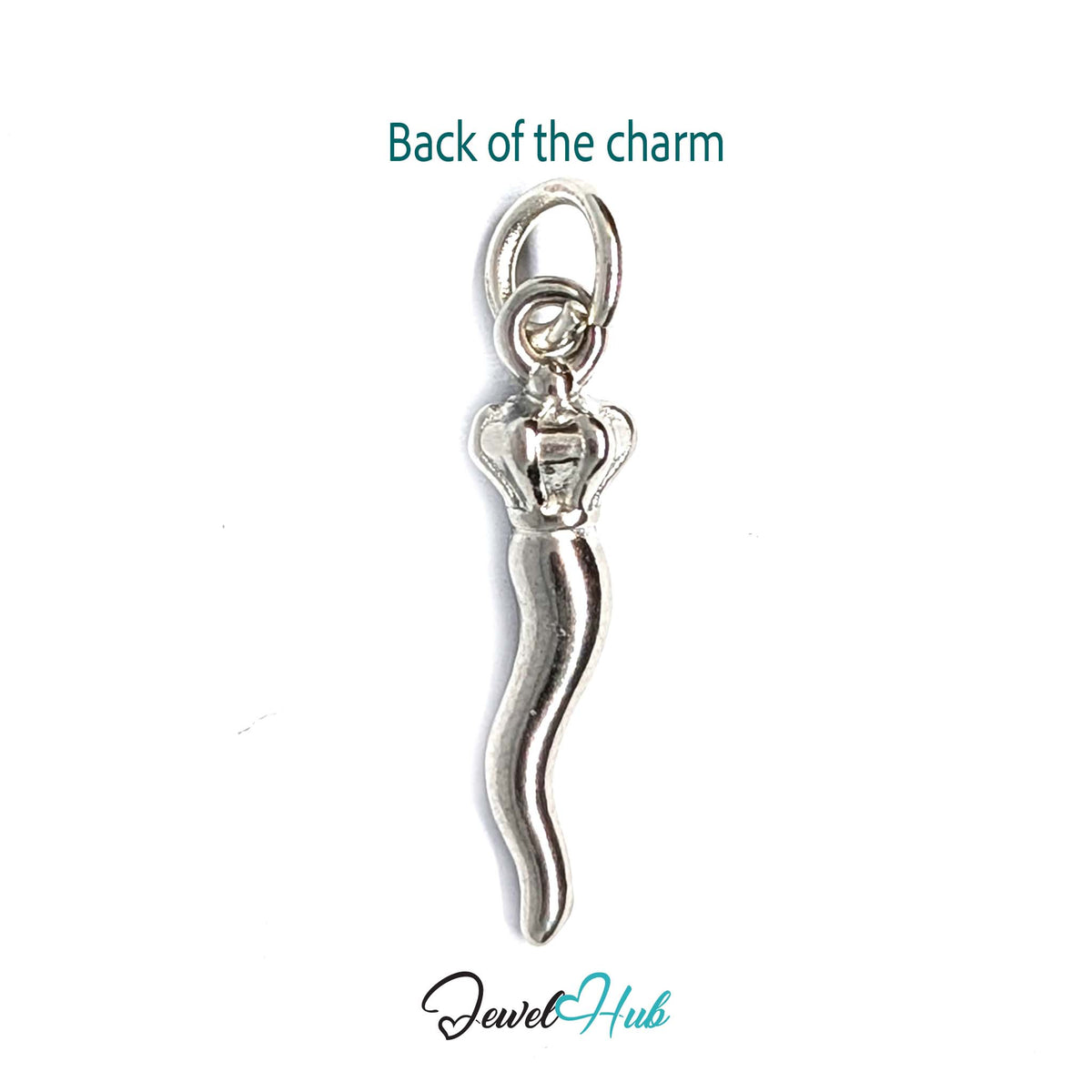Back of the silver-tone twisted long pepper charm showing the reverse - JewelHub