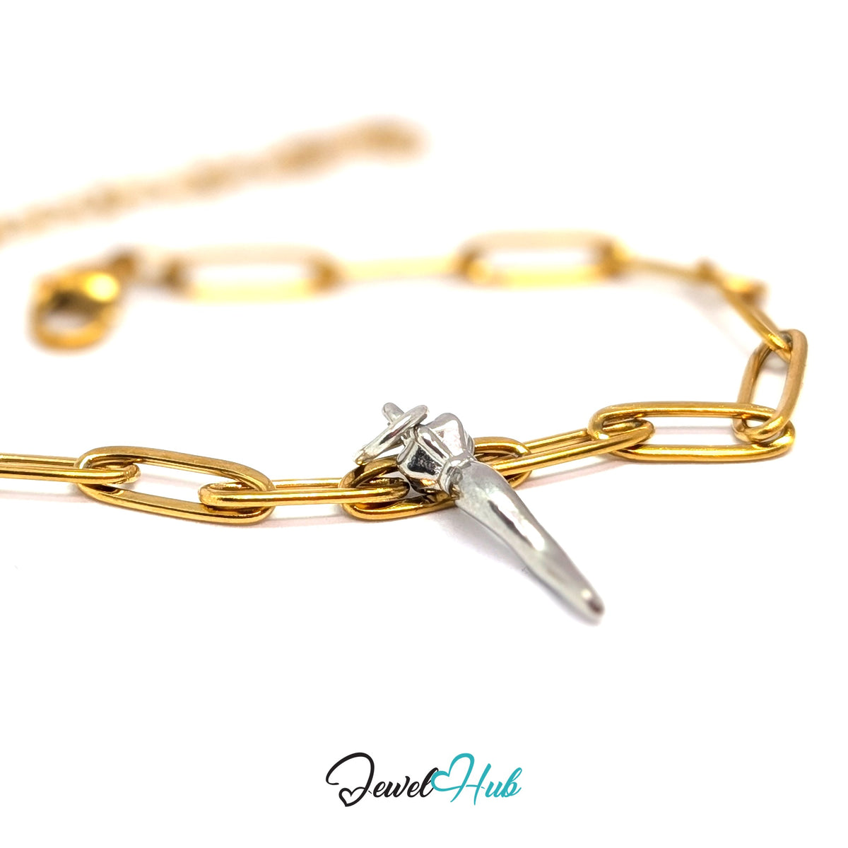Silver-tone twisted long pepper charm styled on a gold paperclip chain bracelet for a two-tone look - JewelHub