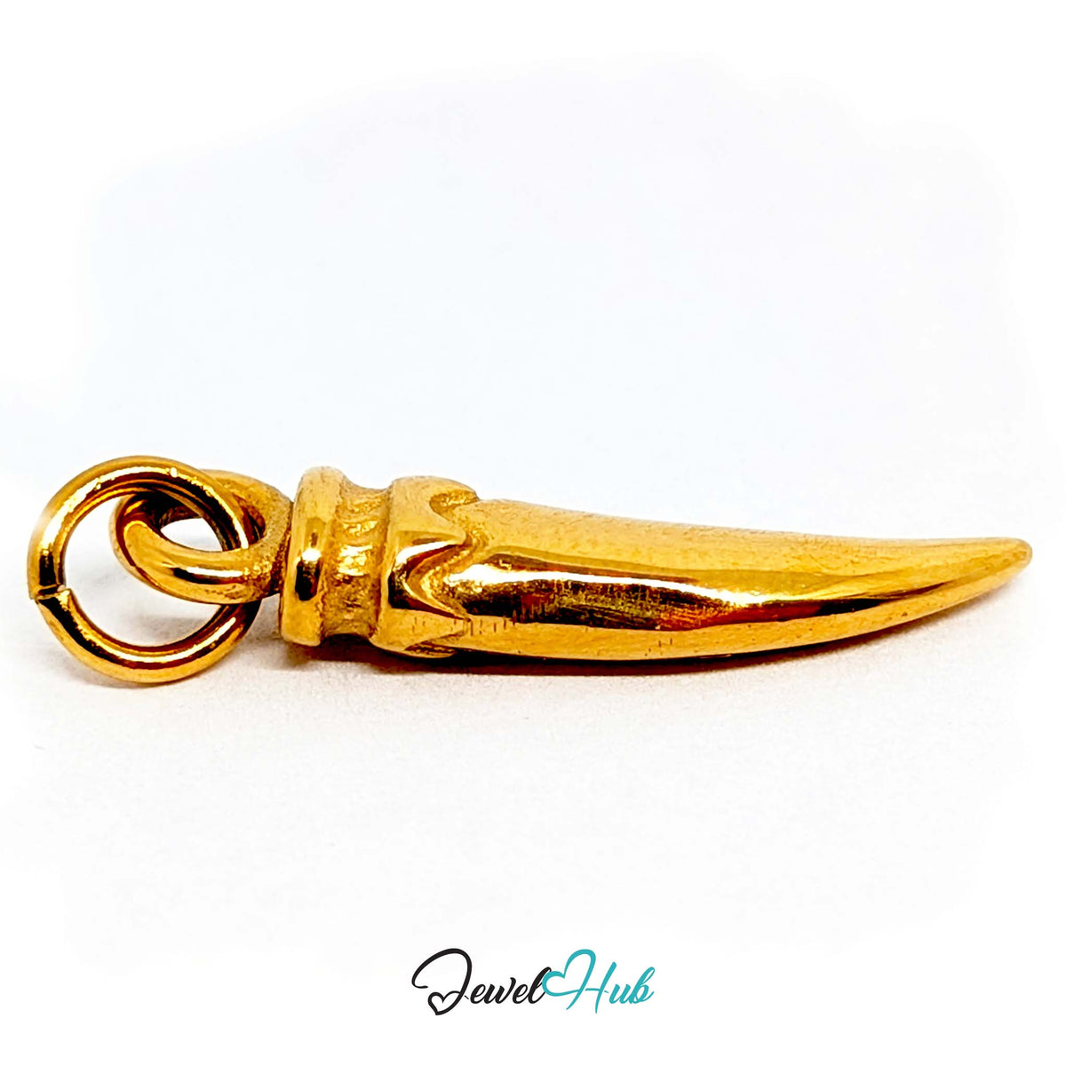 Close-up of the gold-tone large long pepper charm detail - JewelHub