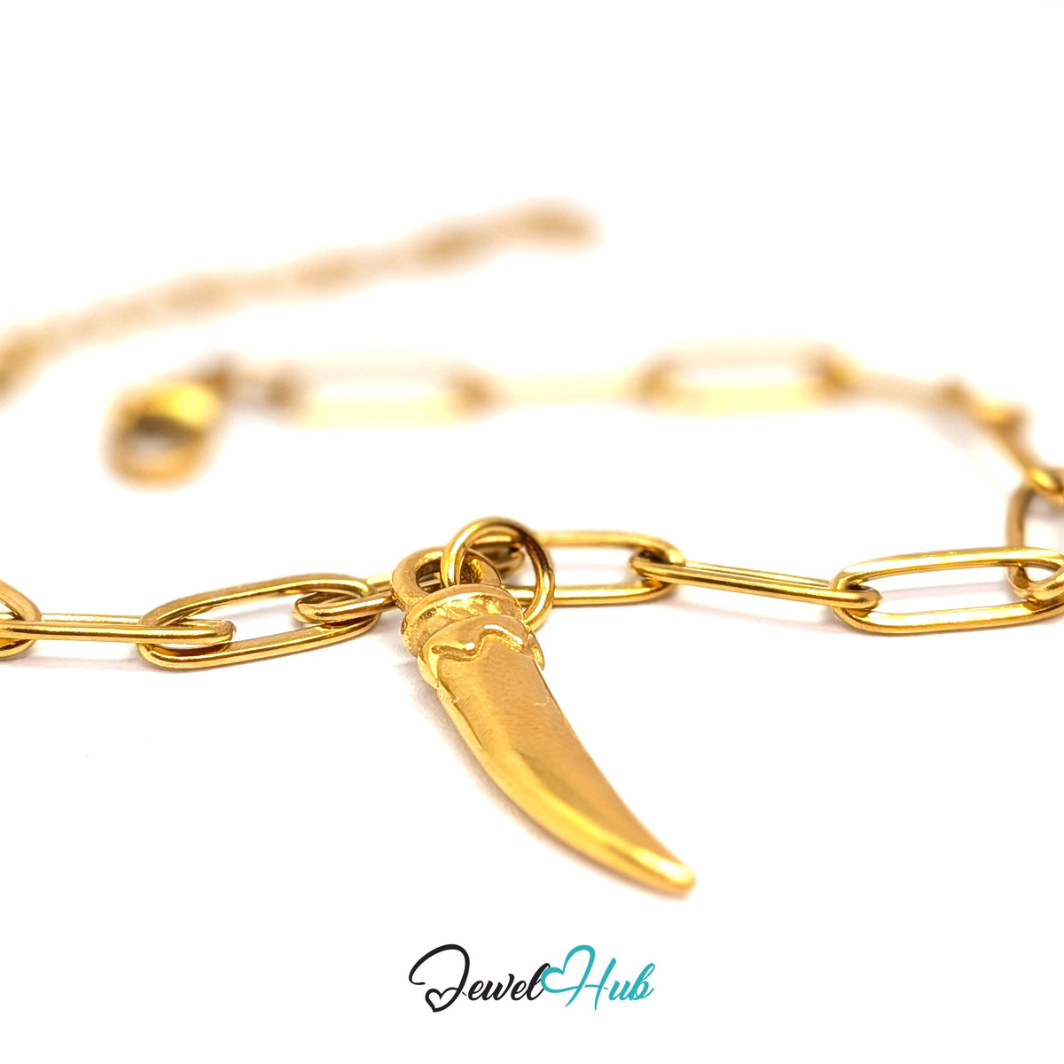 Gold-tone large long pepper charm styled on a gold paperclip chain bracelet - JewelHub
