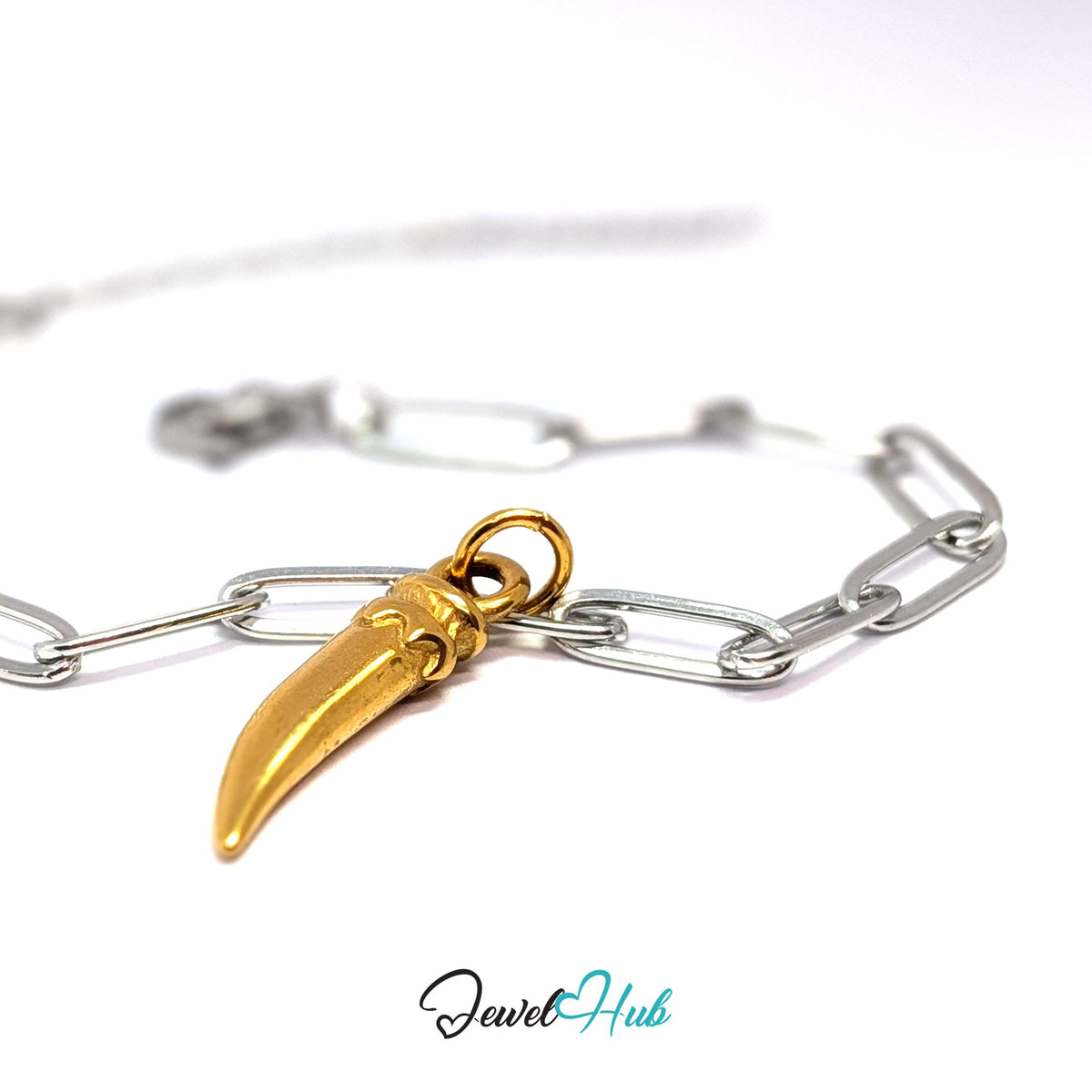 Gold-tone large long pepper charm styled on a silver paperclip chain bracelet for a two-tone look - JewelHub