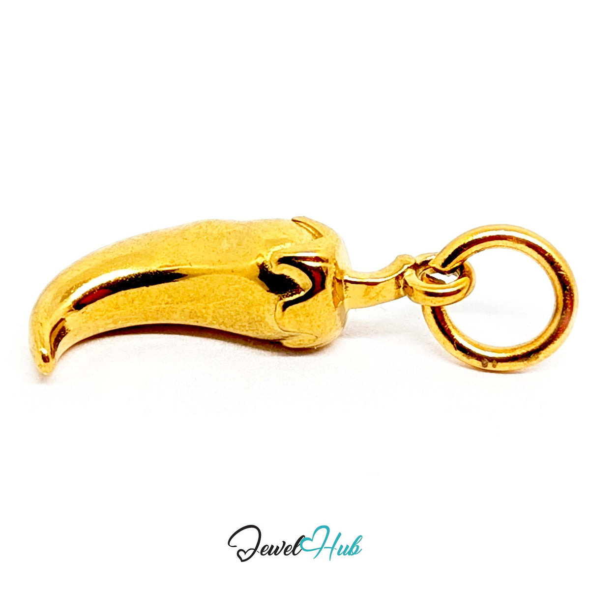 Angled view of the gold-tone curved chilli pepper charm - JewelHub