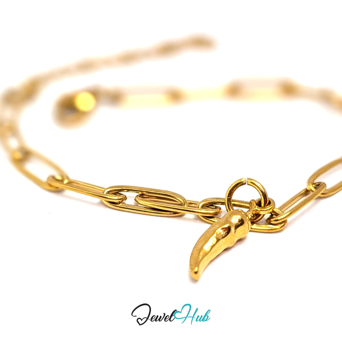 Gold-tone curved chilli pepper charm styled on a gold paperclip chain bracelet - JewelHub