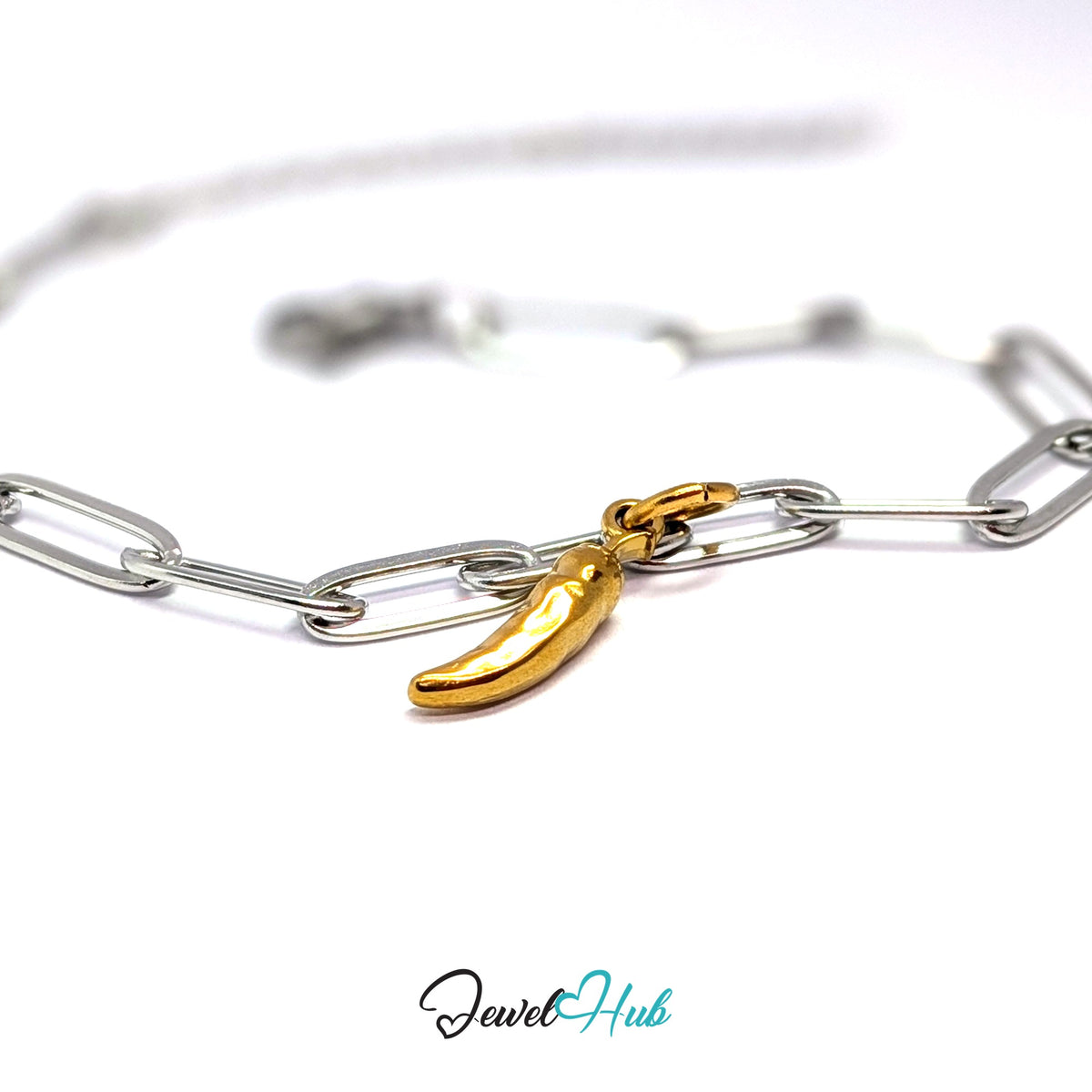 Gold-tone curved chilli pepper charm styled on a silver paperclip chain bracelet for a two-tone look - JewelHub