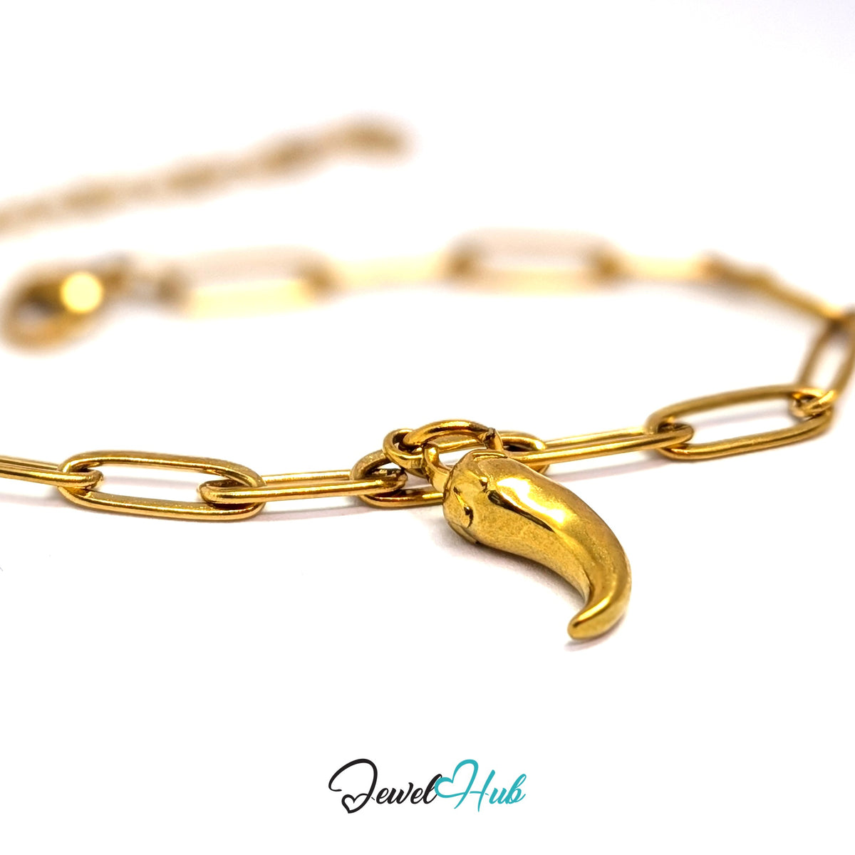 Gold-tone mini chilli pepper charm styled on a gold paperclip chain bracelet - JewelHub