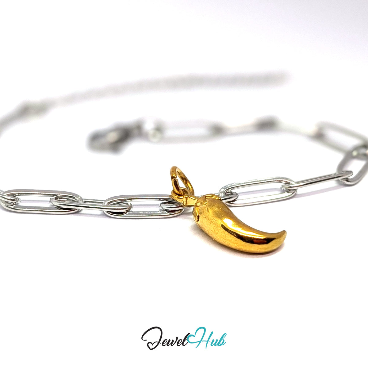 Gold-tone mini chilli pepper charm styled on a silver paperclip chain bracelet for a two-tone look - JewelHub