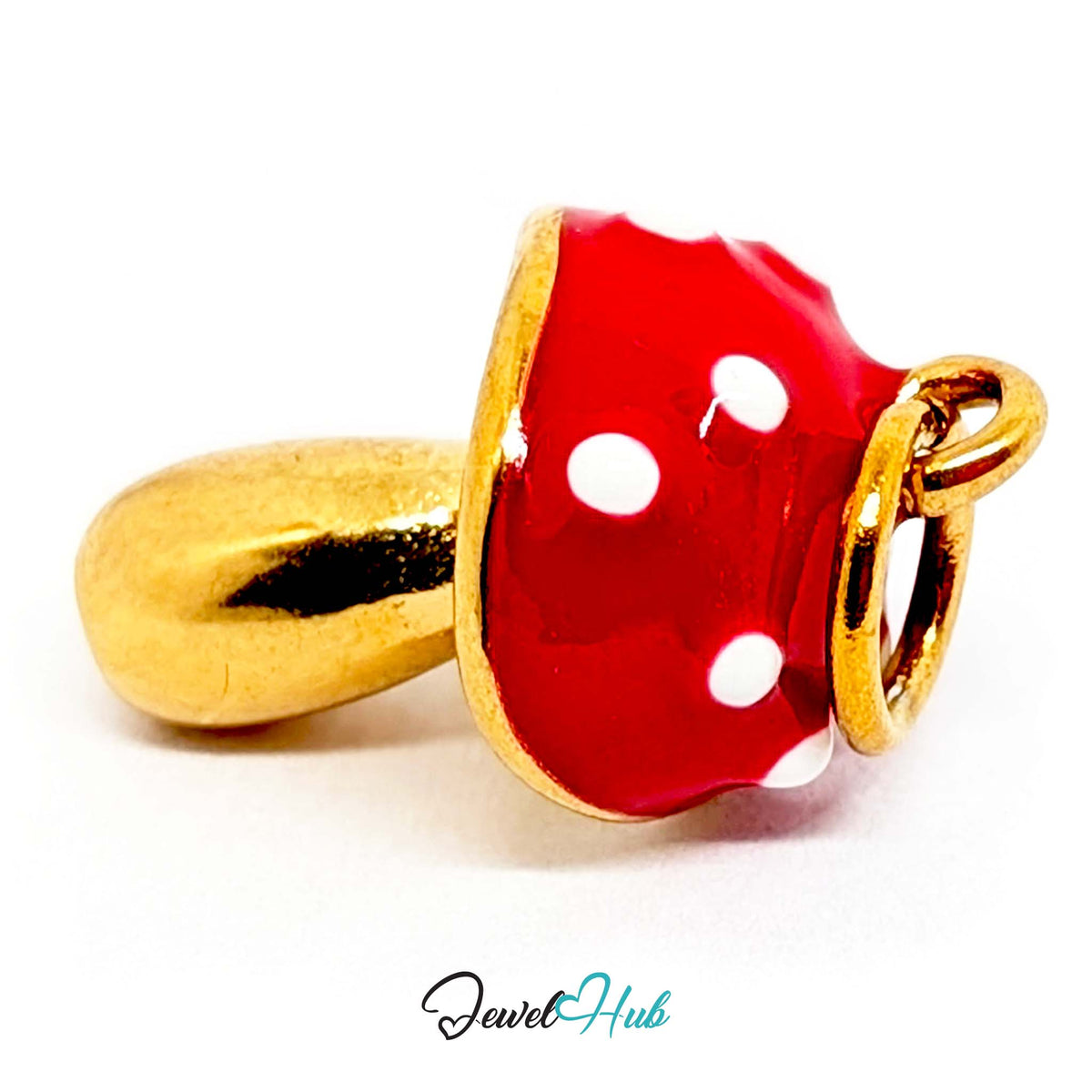 Angled view of the gold-tone red spotted mushroom charm - JewelHub