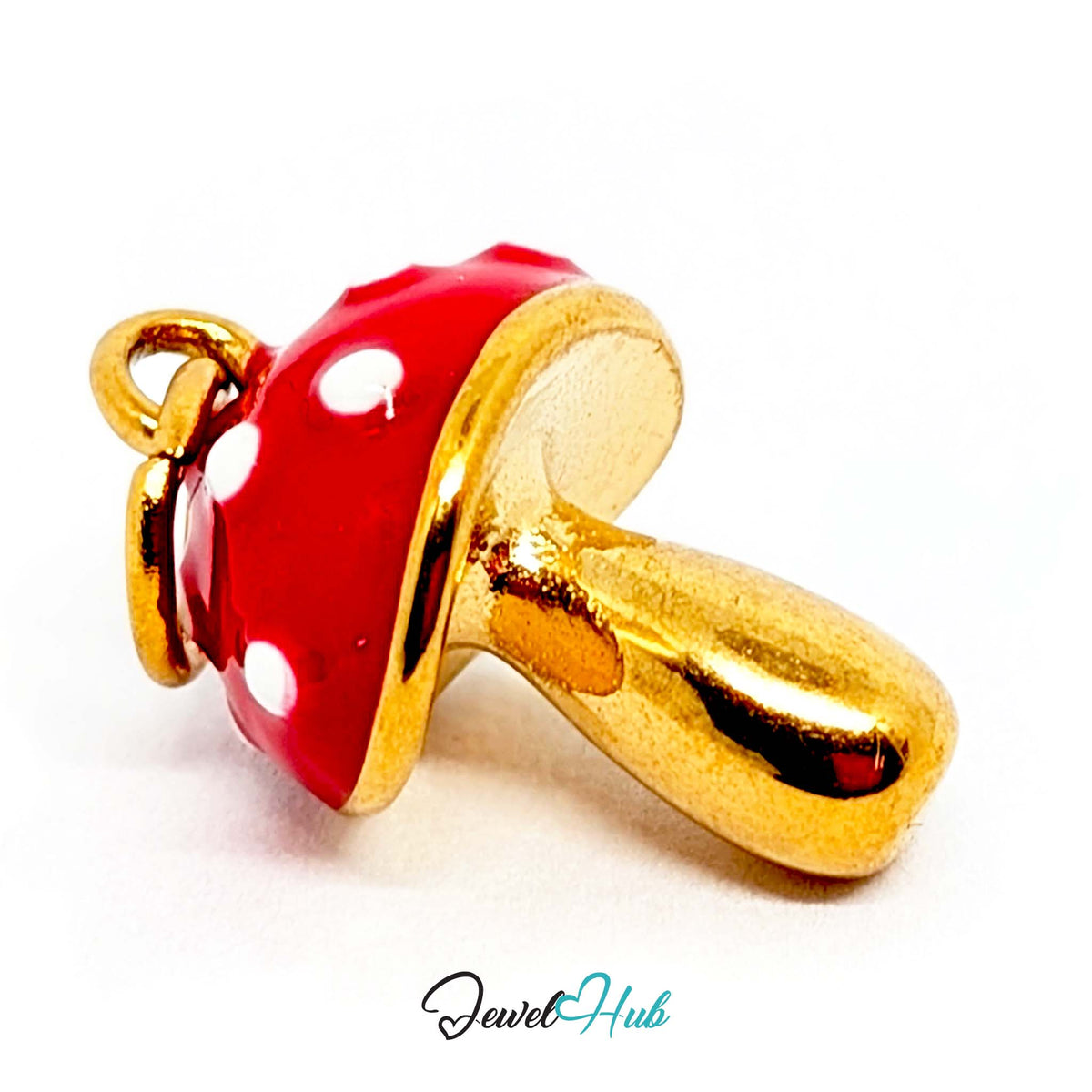 Close-up of the gold-tone red spotted mushroom charm detail - JewelHub