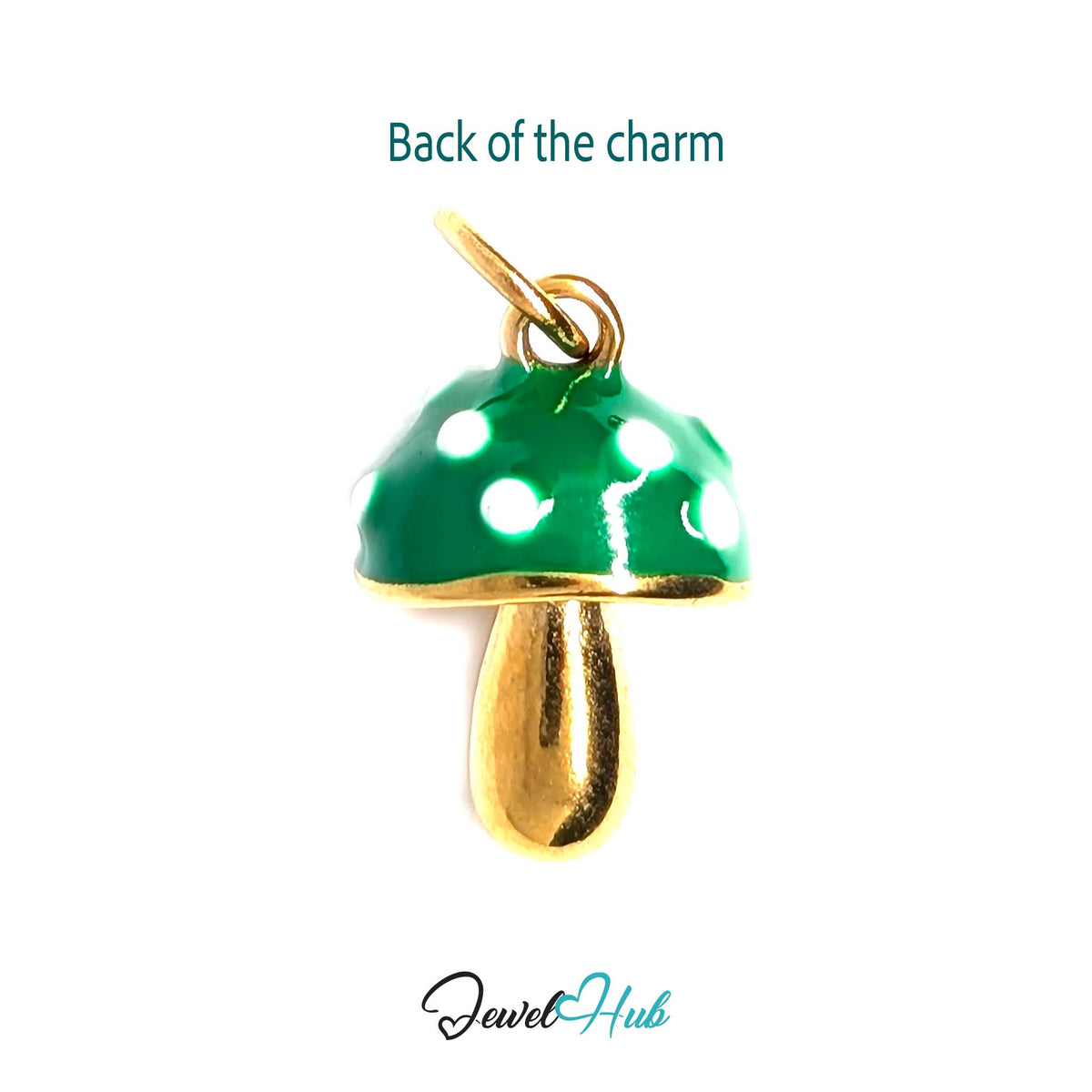 Back of the gold-tone green spotted mushroom charm showing the sculpted reverse - JewelHub