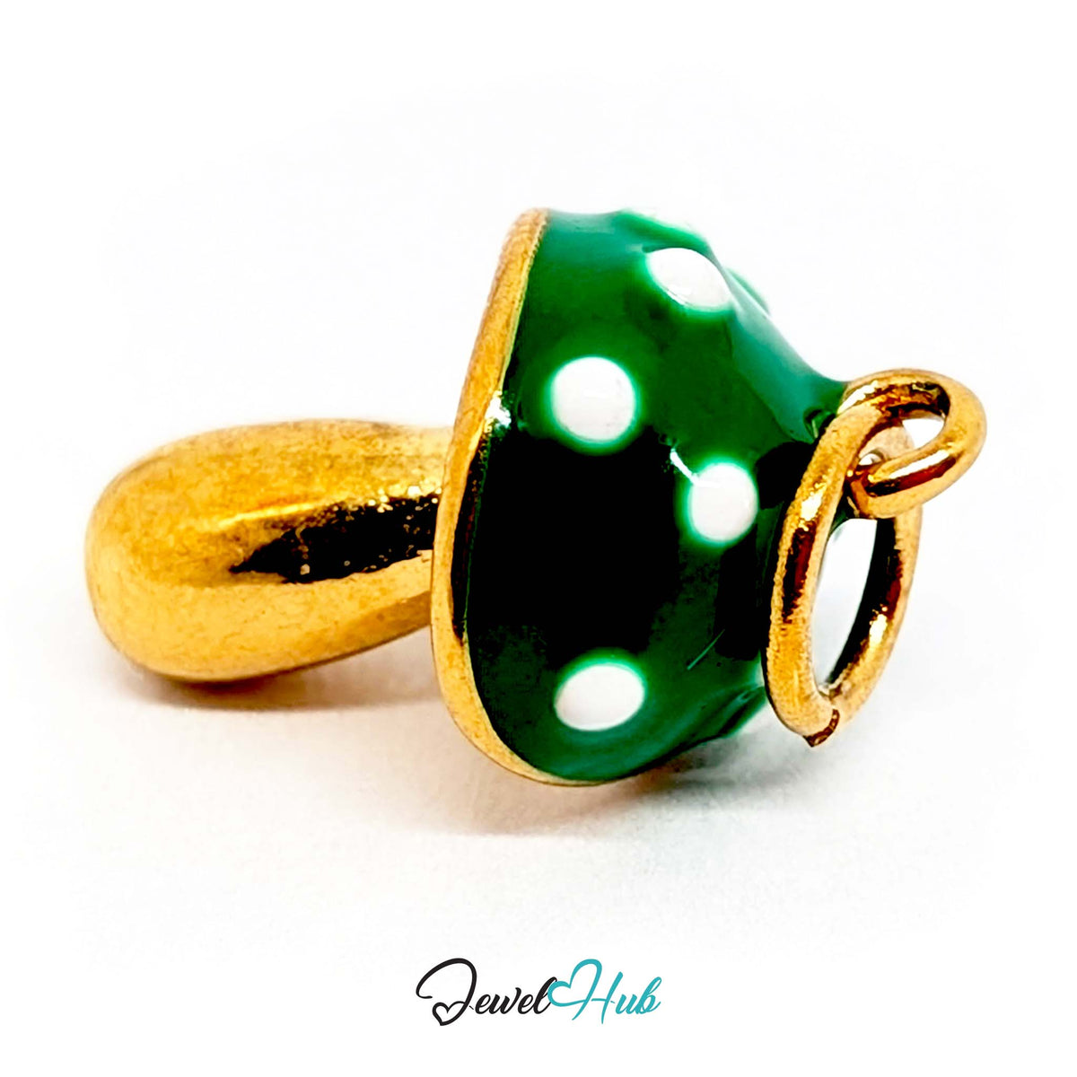 Angled view of the gold-tone green spotted mushroom charm - JewelHub