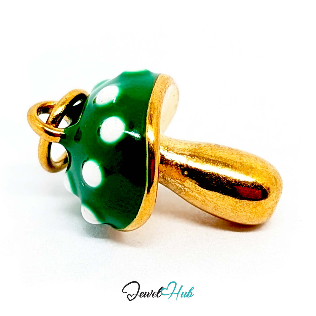 Close-up of the gold-tone green spotted mushroom charm detail - JewelHub