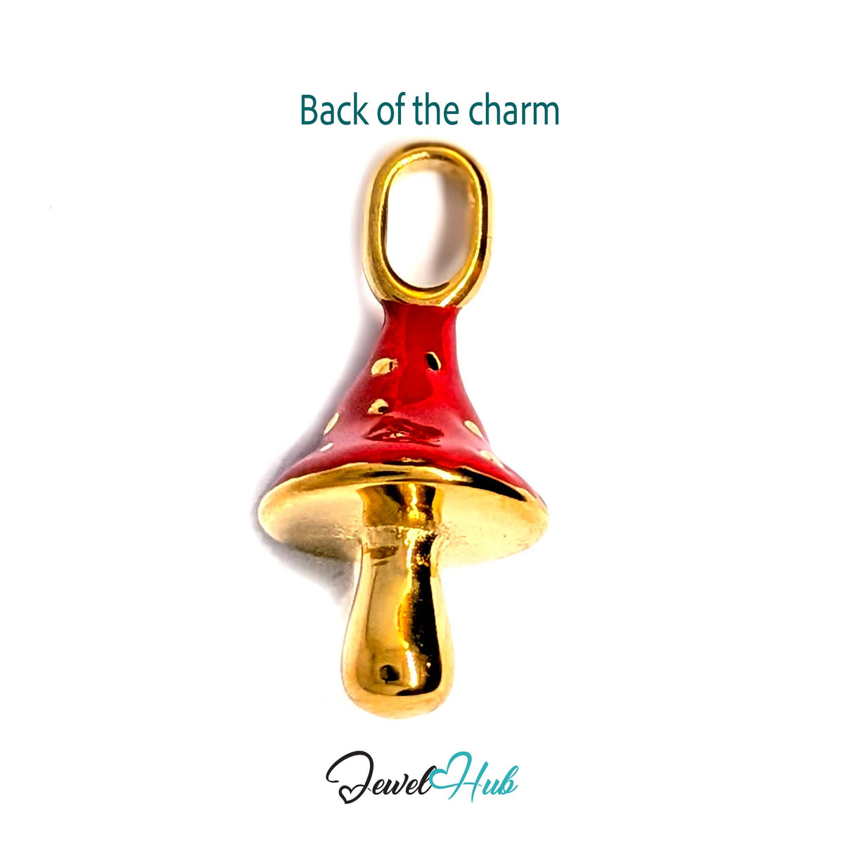Back of the gold-tone red gold dot mushroom charm showing the sculpted reverse - JewelHub