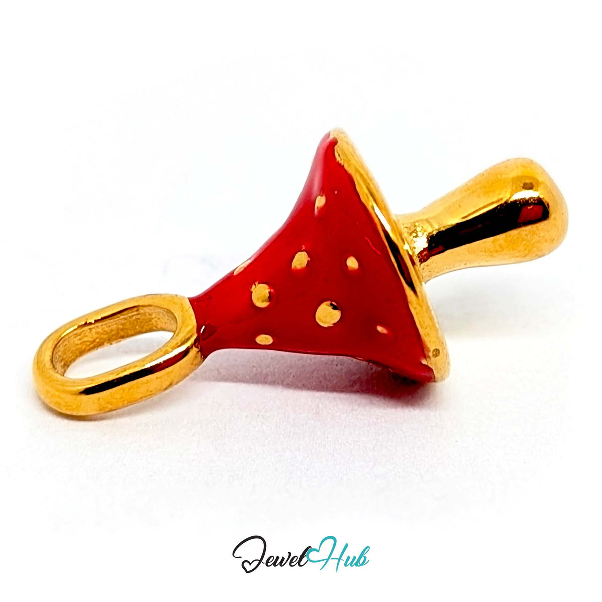 Angled view of the gold-tone red gold dot mushroom charm - JewelHub