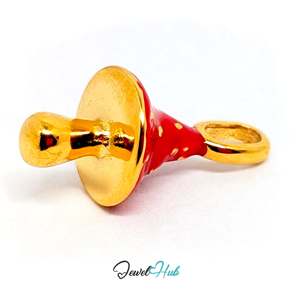 Close-up of the gold-tone red gold dot mushroom charm detail - JewelHub