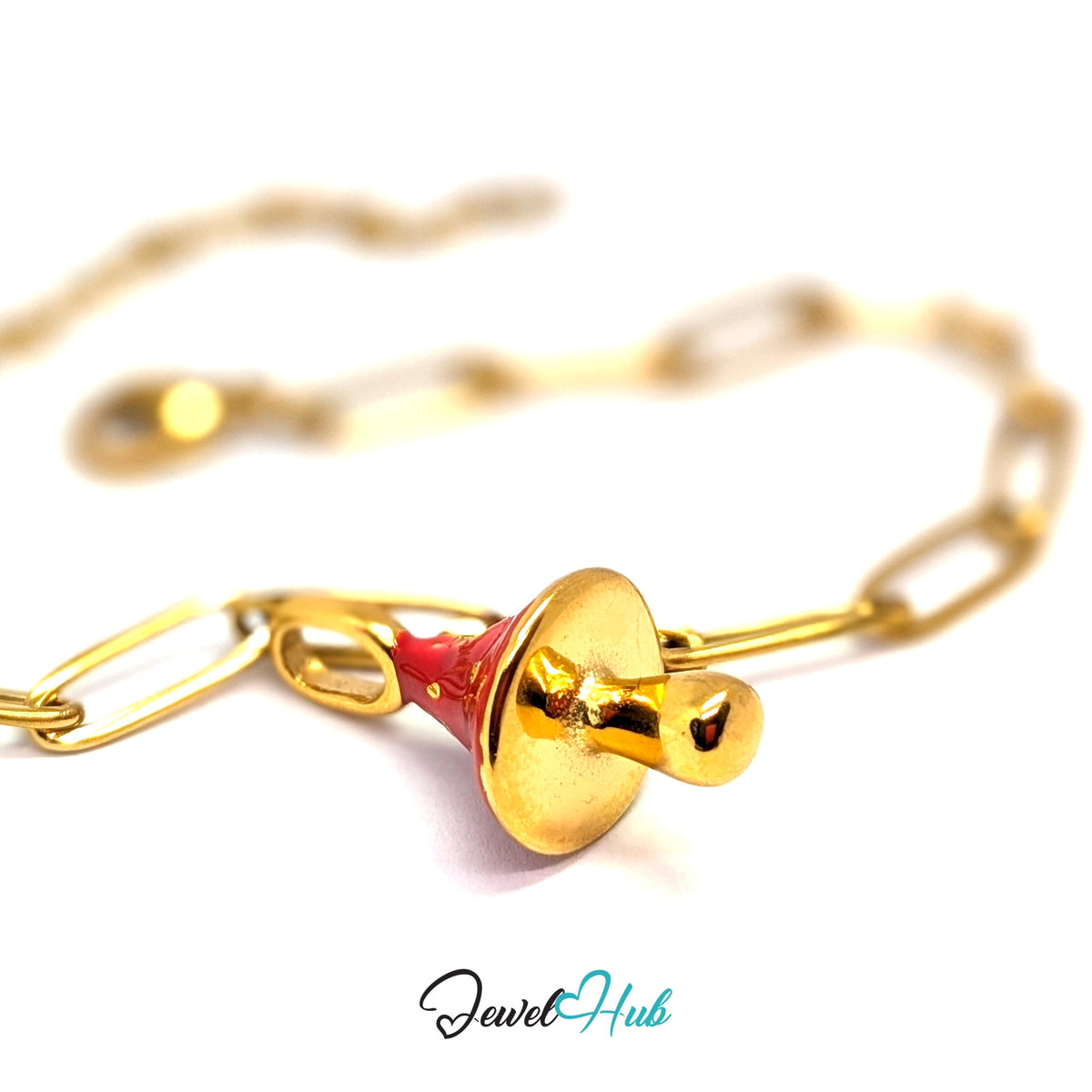 Gold-tone red gold dot mushroom charm styled on a gold paperclip chain bracelet - JewelHub