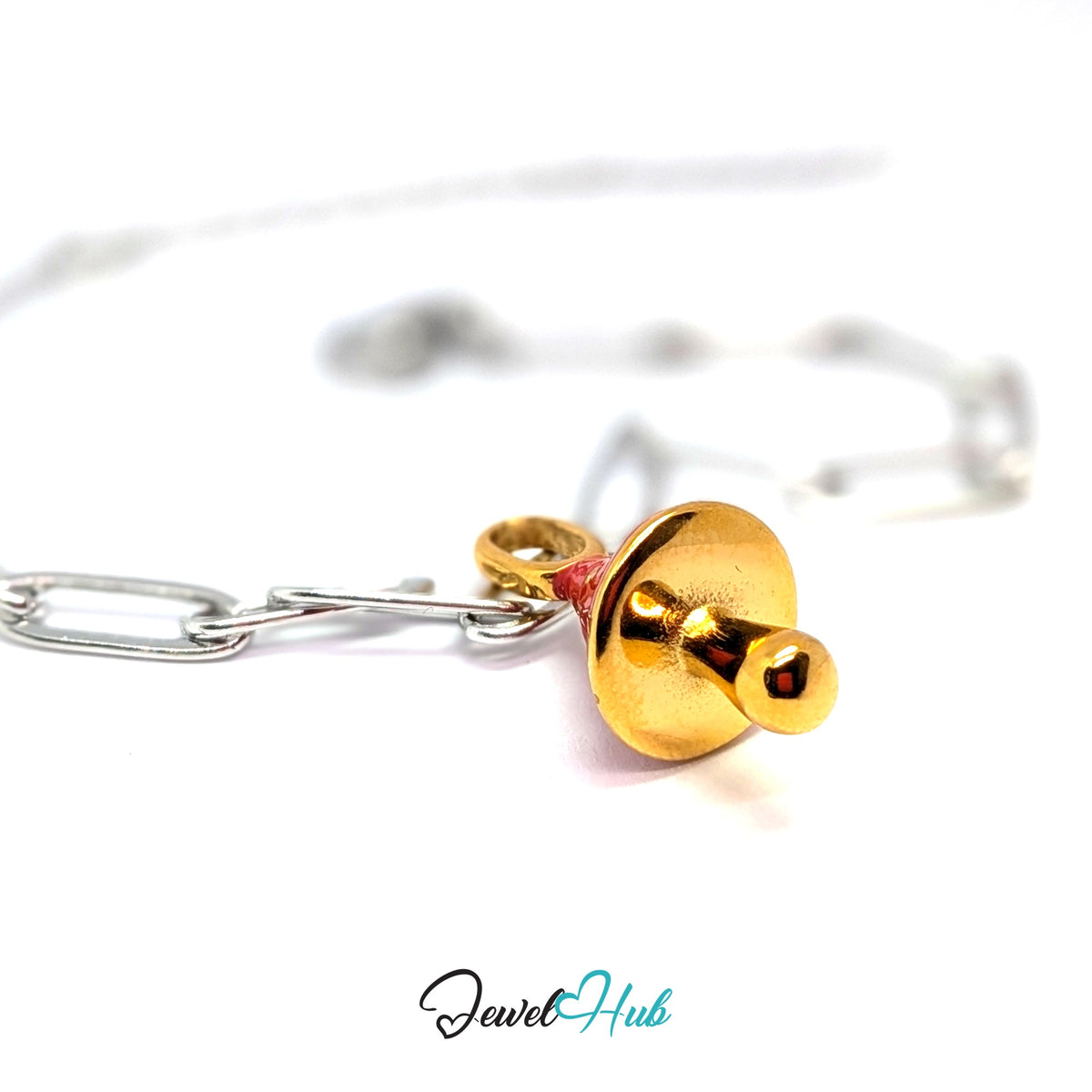 Gold-tone red gold dot mushroom charm styled on a silver paperclip chain bracelet for a two-tone look - JewelHub