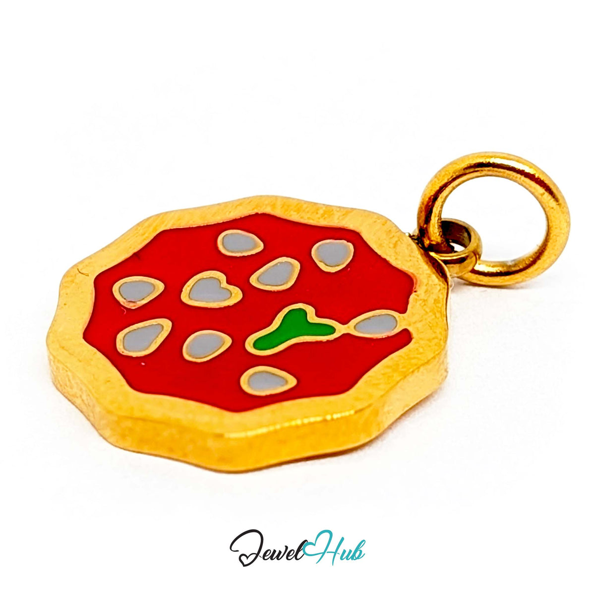 Angled view of the gold-tone pizza charm - JewelHub