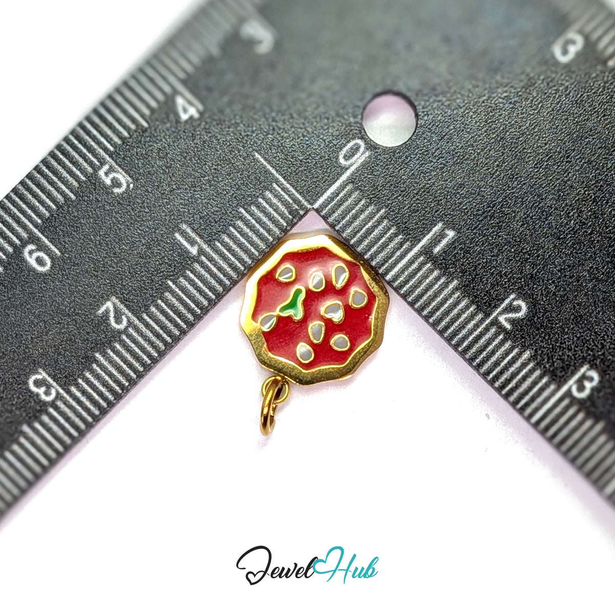 Pizza charm measured against a ruler at 14.3mm wide by 17.8mm tall - JewelHub