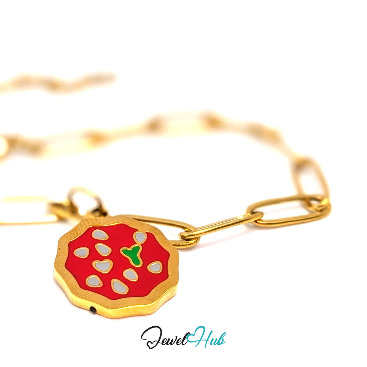 Gold-tone pizza charm styled on a gold paperclip chain bracelet - JewelHub