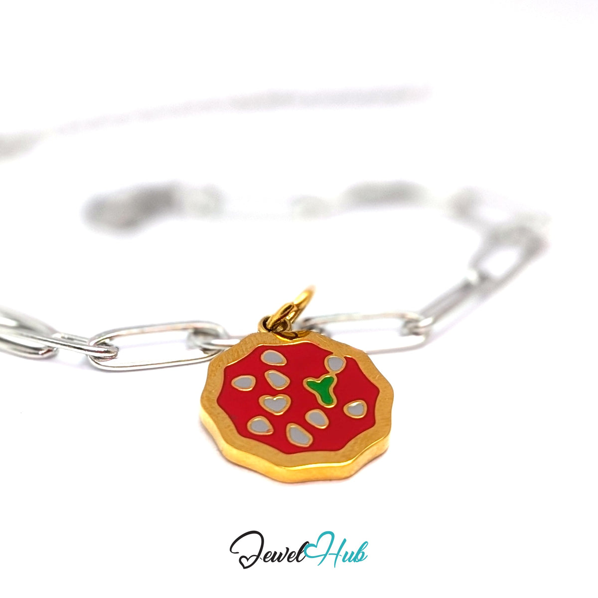Gold-tone pizza charm styled on a silver paperclip chain bracelet for a two-tone look - JewelHub