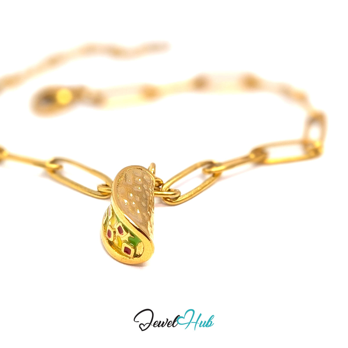 Gold-tone taco charm styled on a gold paperclip chain bracelet - JewelHub