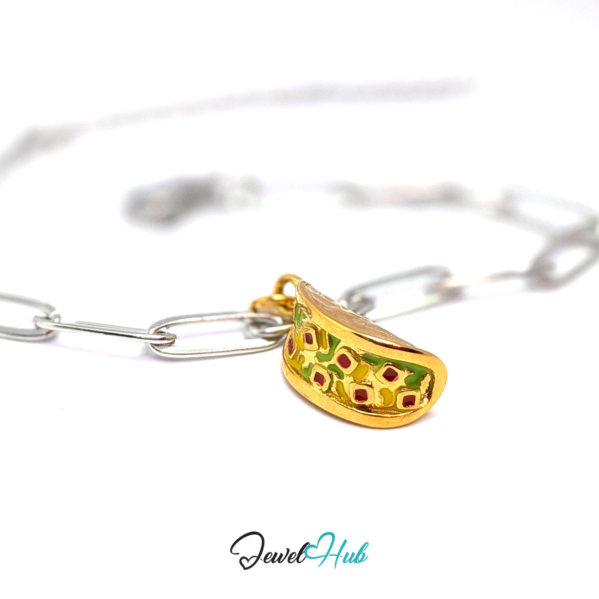 Gold-tone taco charm styled on a silver paperclip chain bracelet for a two-tone look - JewelHub