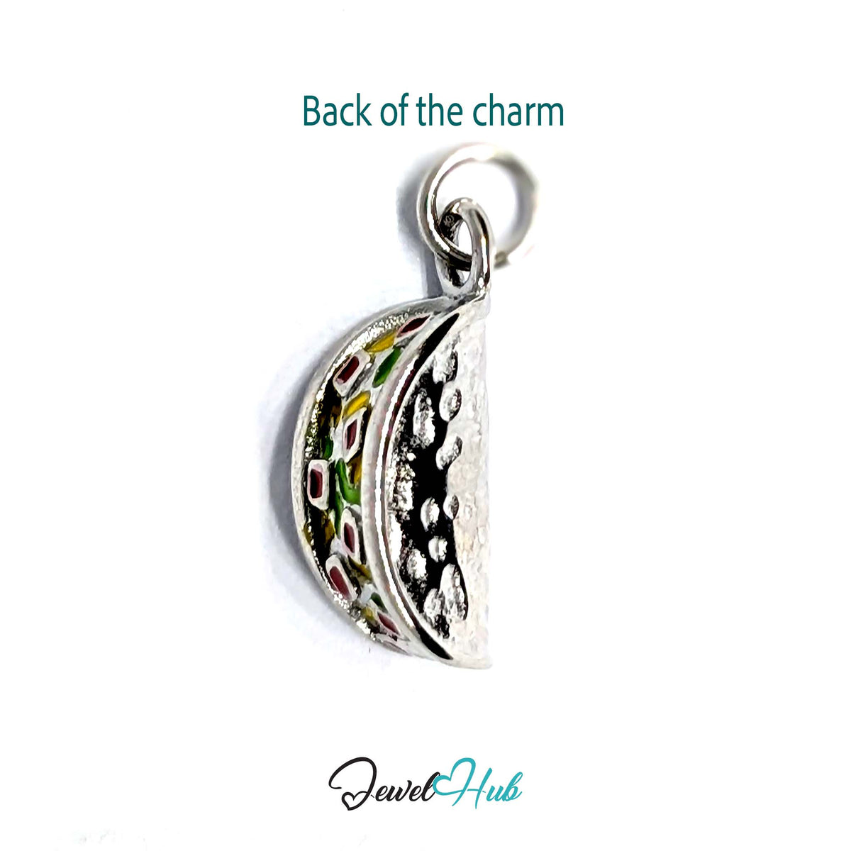 Back of the silver-tone taco charm showing the sculpted reverse - JewelHub