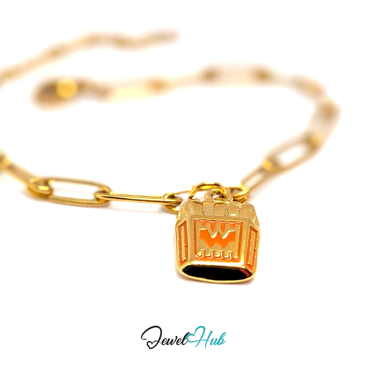Gold-tone orange enamel French fries charm styled on a gold paperclip chain bracelet - JewelHub