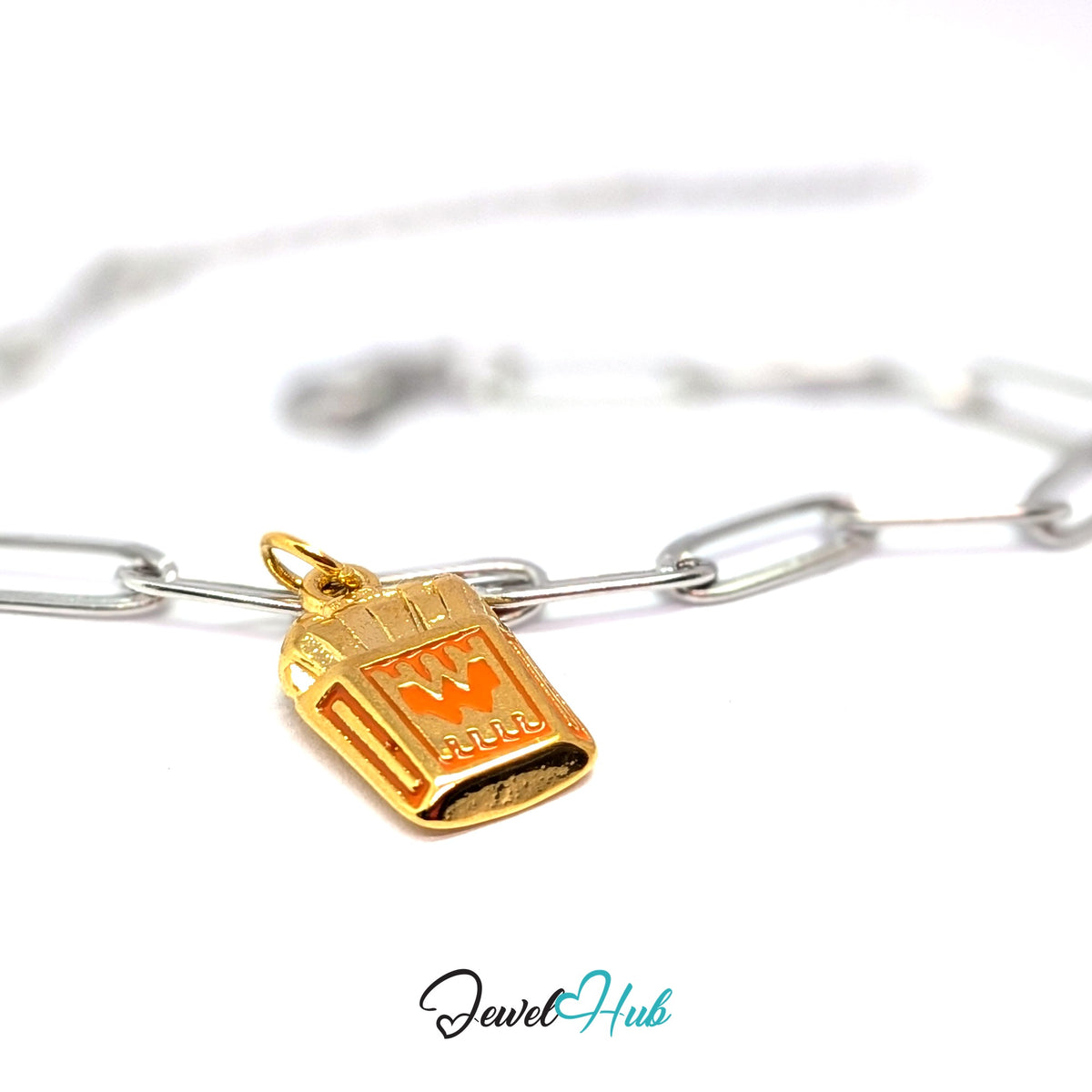 Gold-tone orange enamel French fries charm styled on a silver paperclip chain bracelet for a two-tone look - JewelHub
