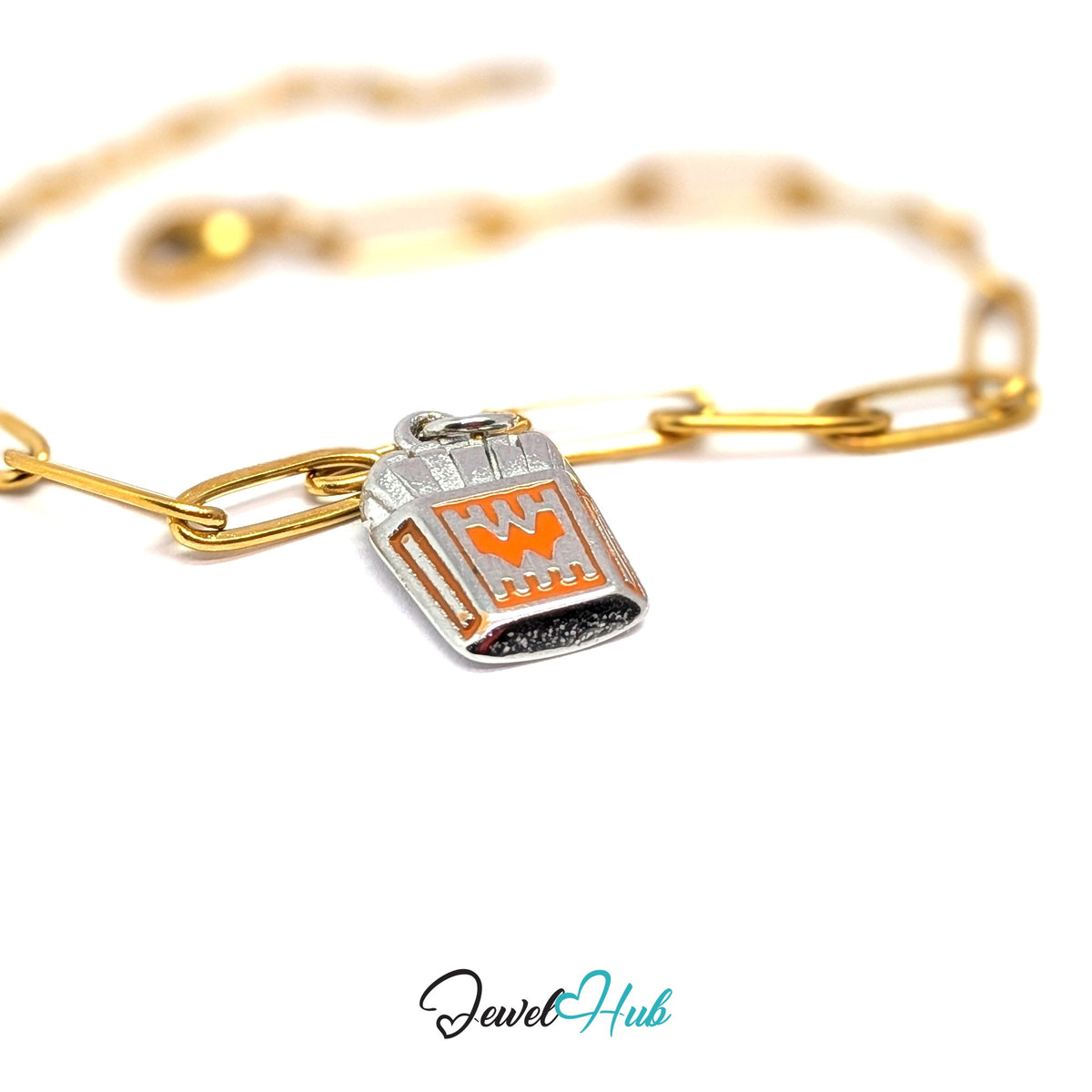 Silver-tone orange enamel French fries charm styled on a gold paperclip chain bracelet for a two-tone look - JewelHub