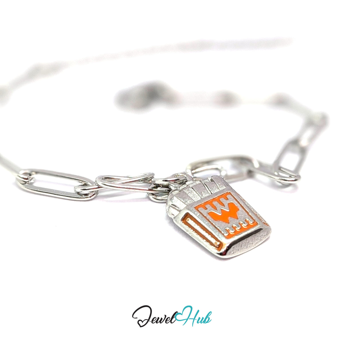 Silver-tone orange enamel French fries charm styled on a silver paperclip chain bracelet - JewelHub