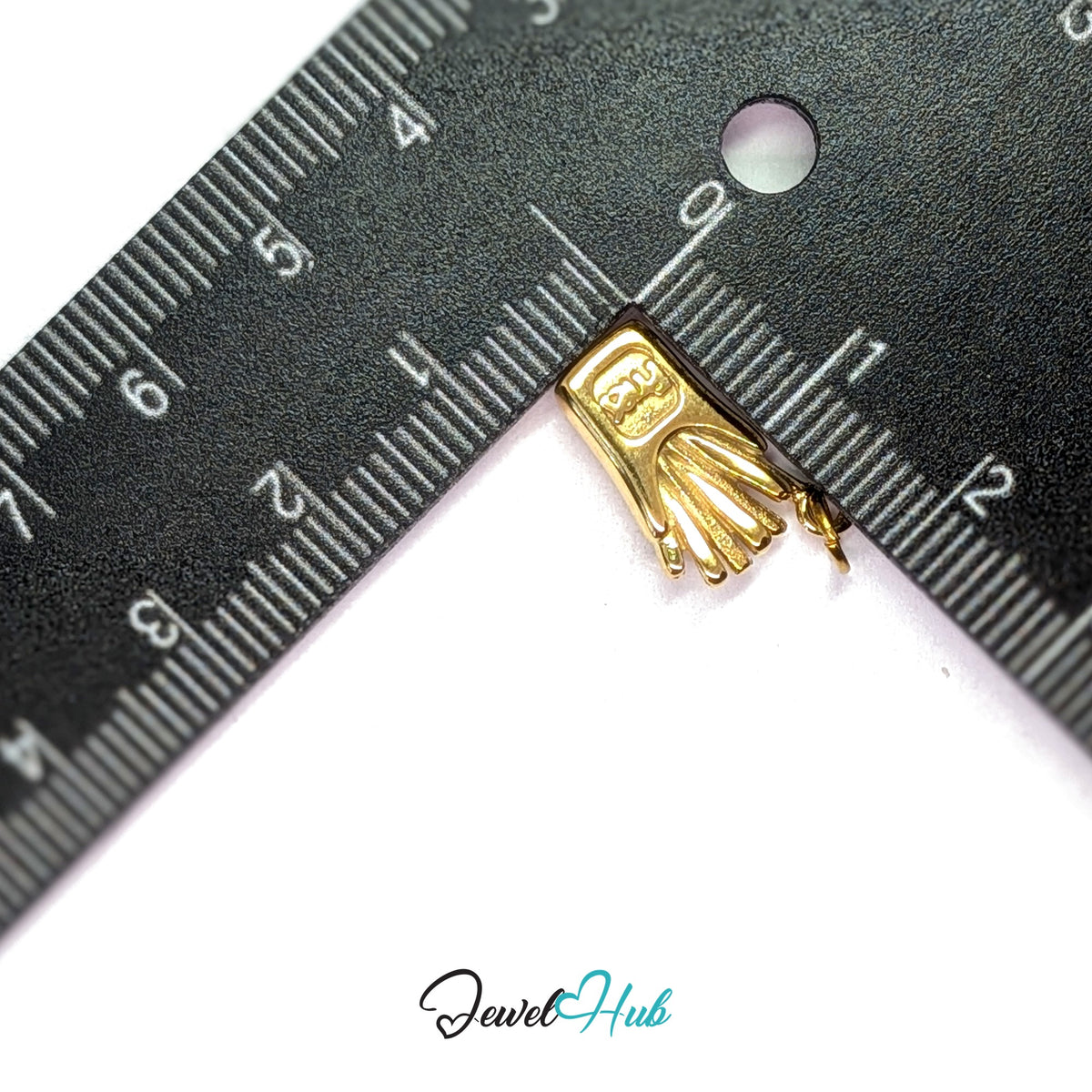 French fries charm measured against a ruler at 9.5mm wide by 17mm tall - JewelHub