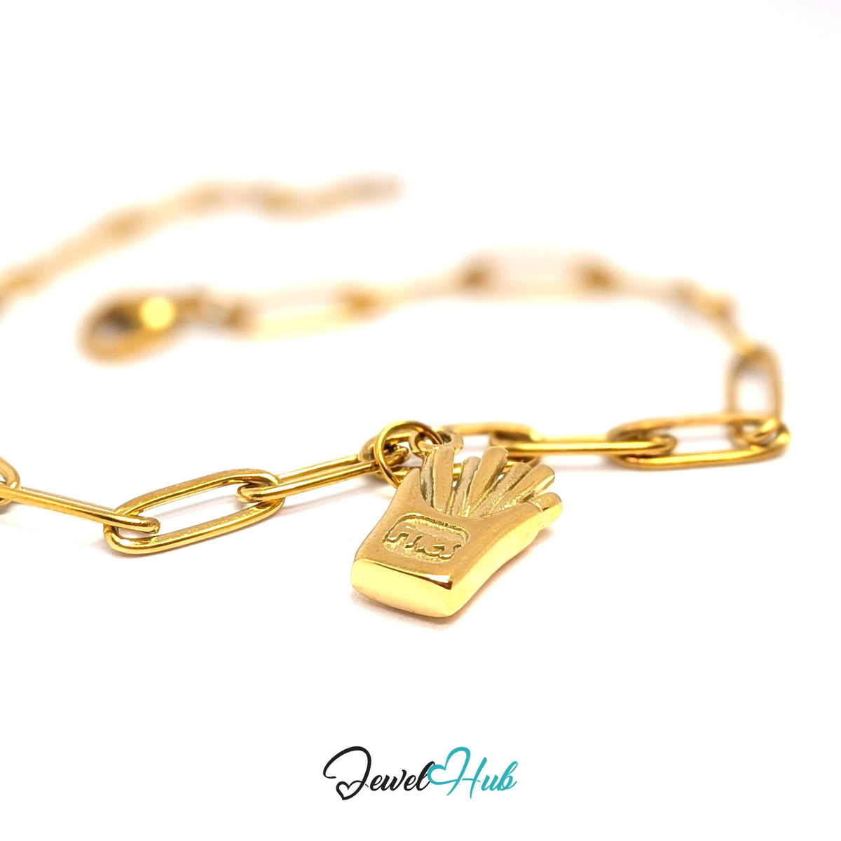 Gold-tone French fries charm styled on a gold paperclip chain bracelet - JewelHub
