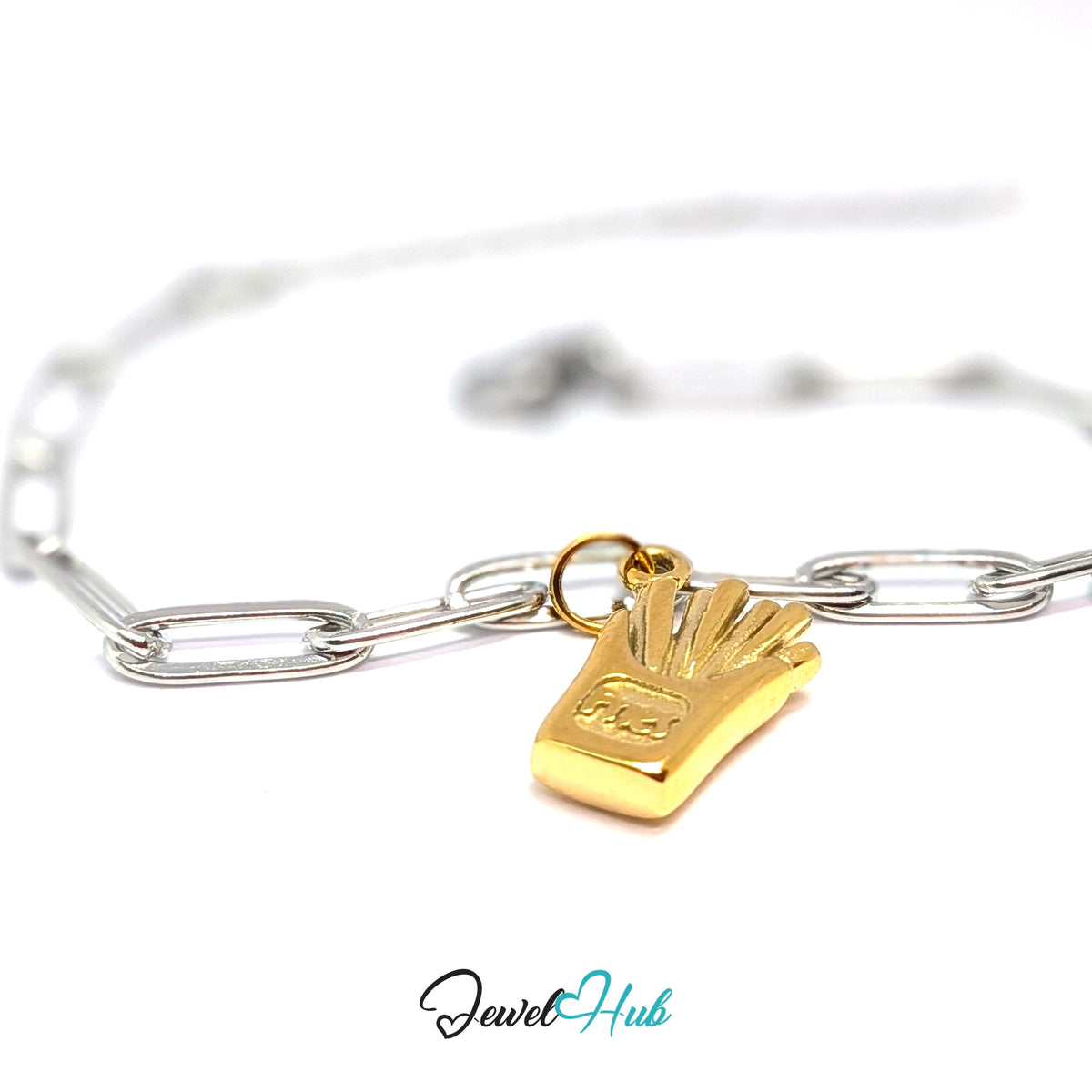 Gold-tone French fries charm styled on a silver paperclip chain bracelet for a two-tone look - JewelHub