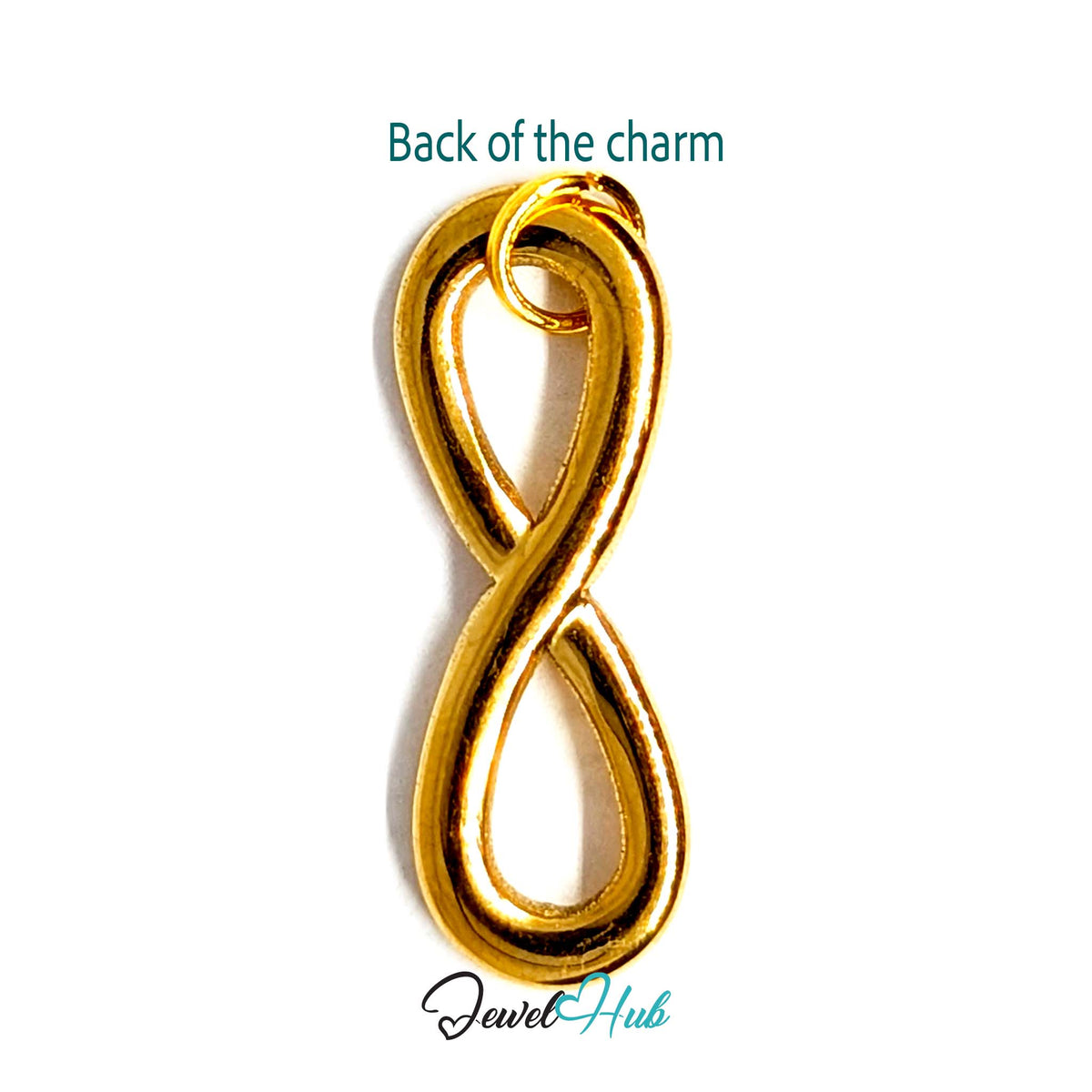 Back of the gold-tone infinity charm showing the sculpted reverse - JewelHub