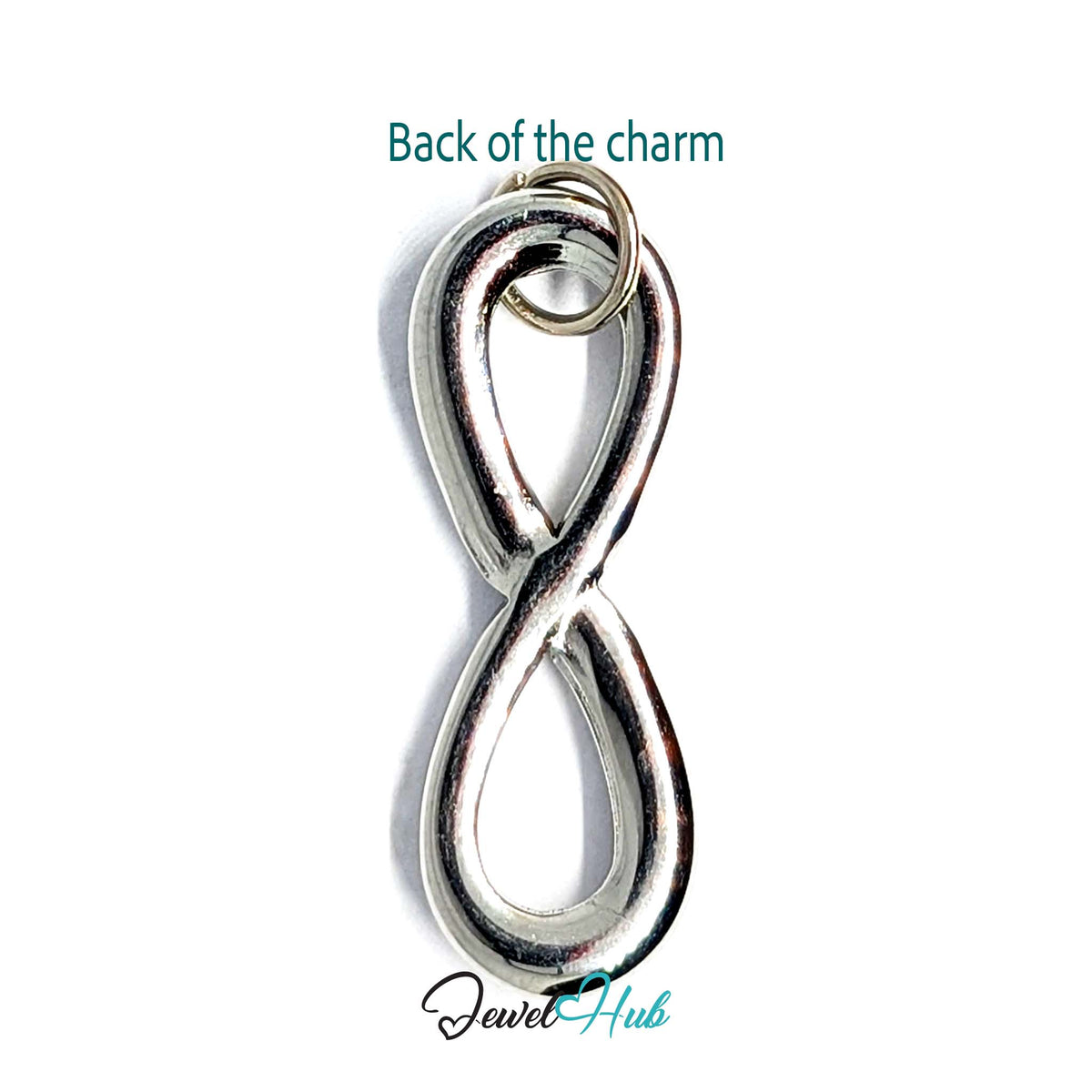 Back of the silver-tone infinity charm showing the sculpted reverse - JewelHub