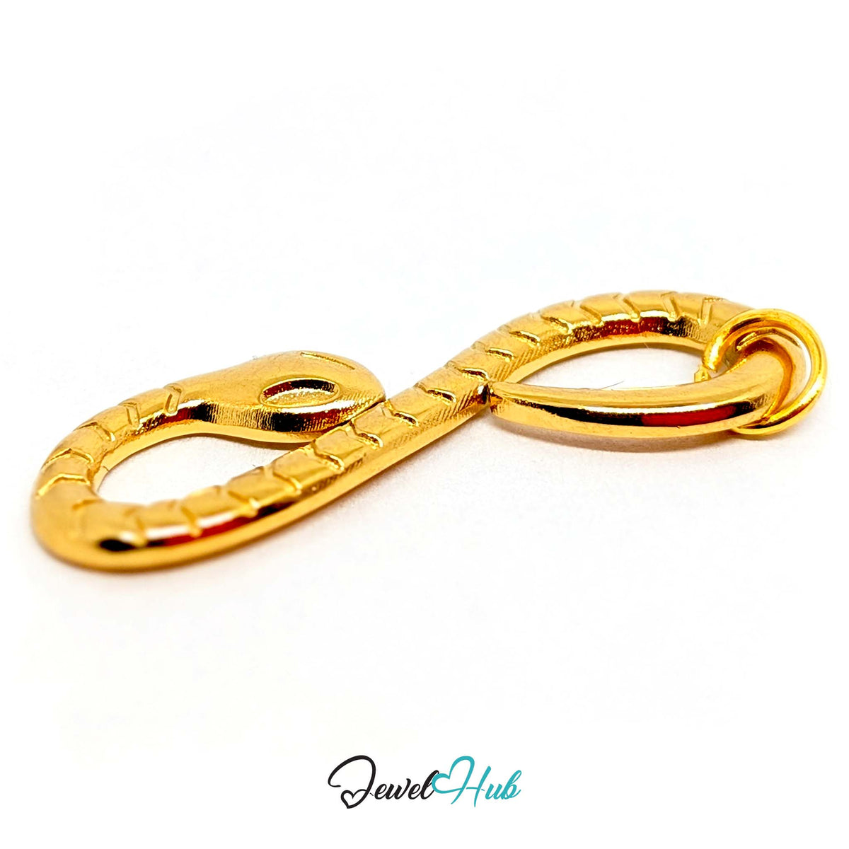 Angled view of the gold-tone infinity snake charm - JewelHub