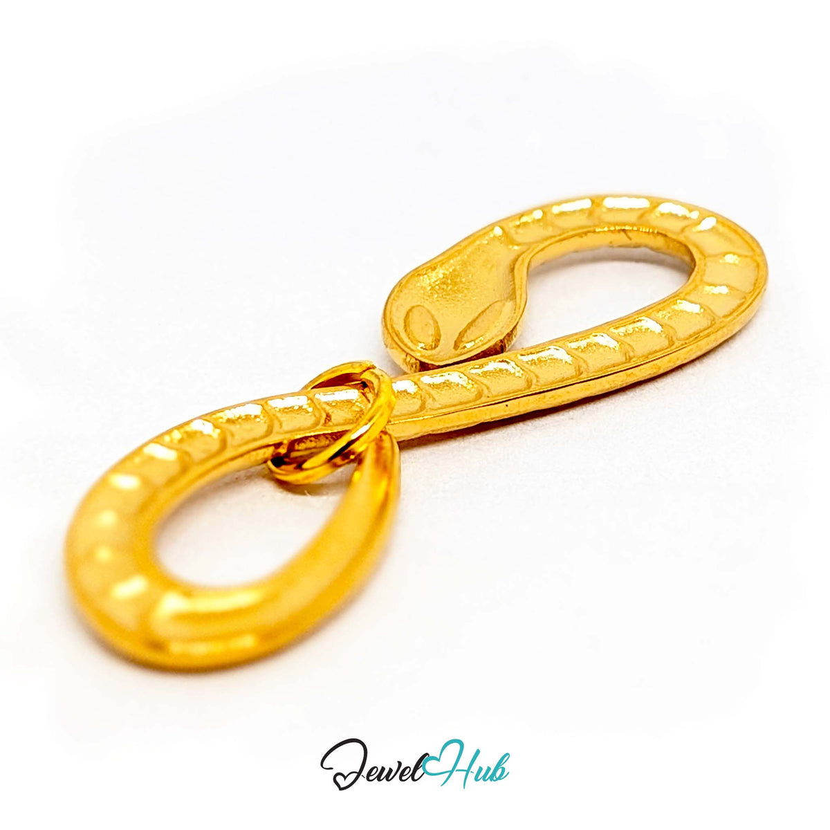 Close-up of the gold-tone infinity snake charm detail - JewelHub