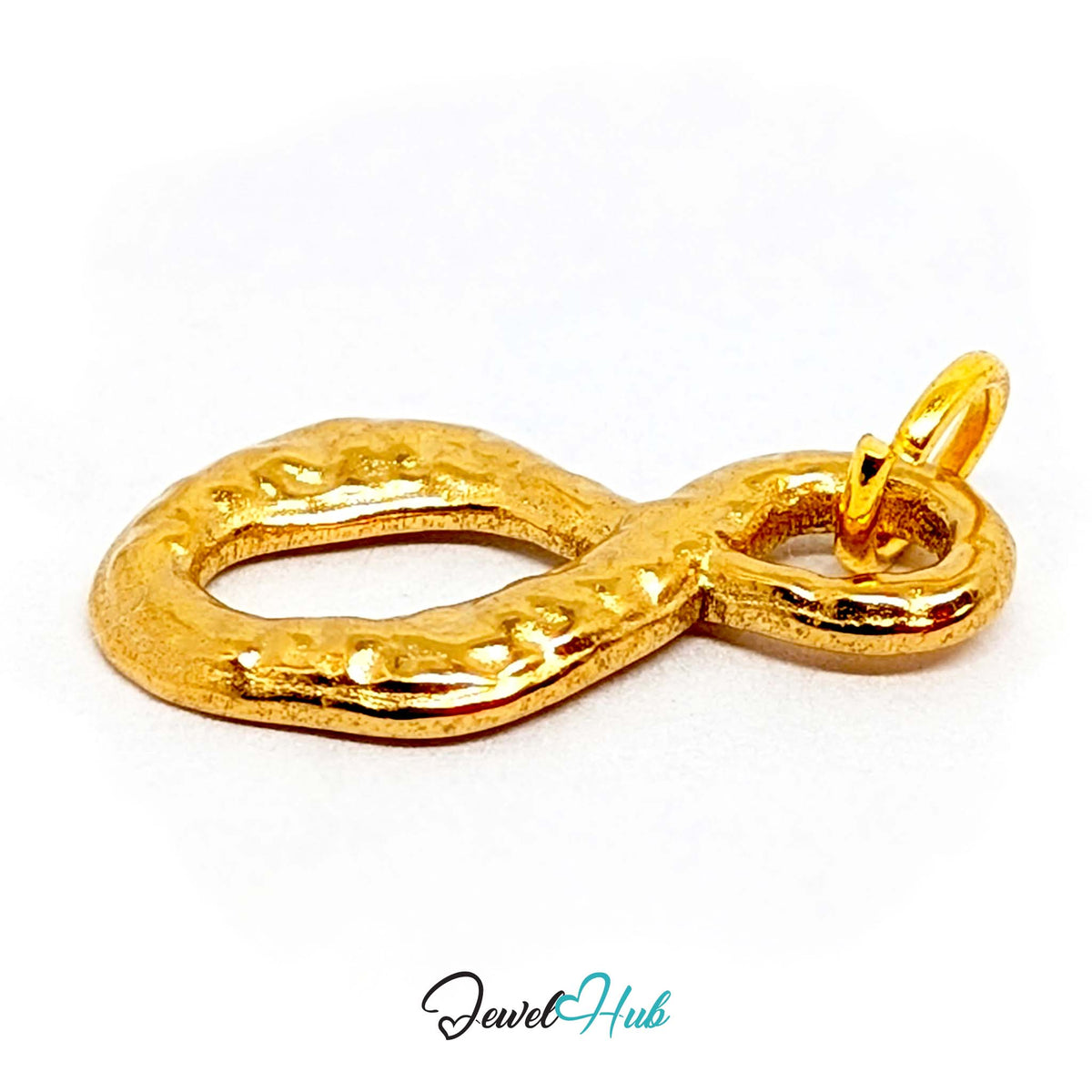 Angled view of the gold-tone textured infinity charm - JewelHub