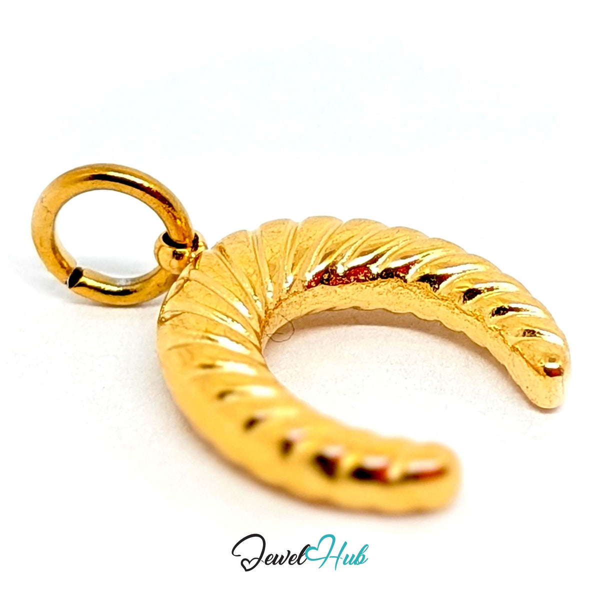 Side view of the gold-tone ribbed horseshoe charm - JewelHub