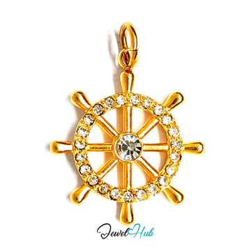 Ship wheel charm in gold-tone stainless steel, with clear glue-set crystals - JewelHub