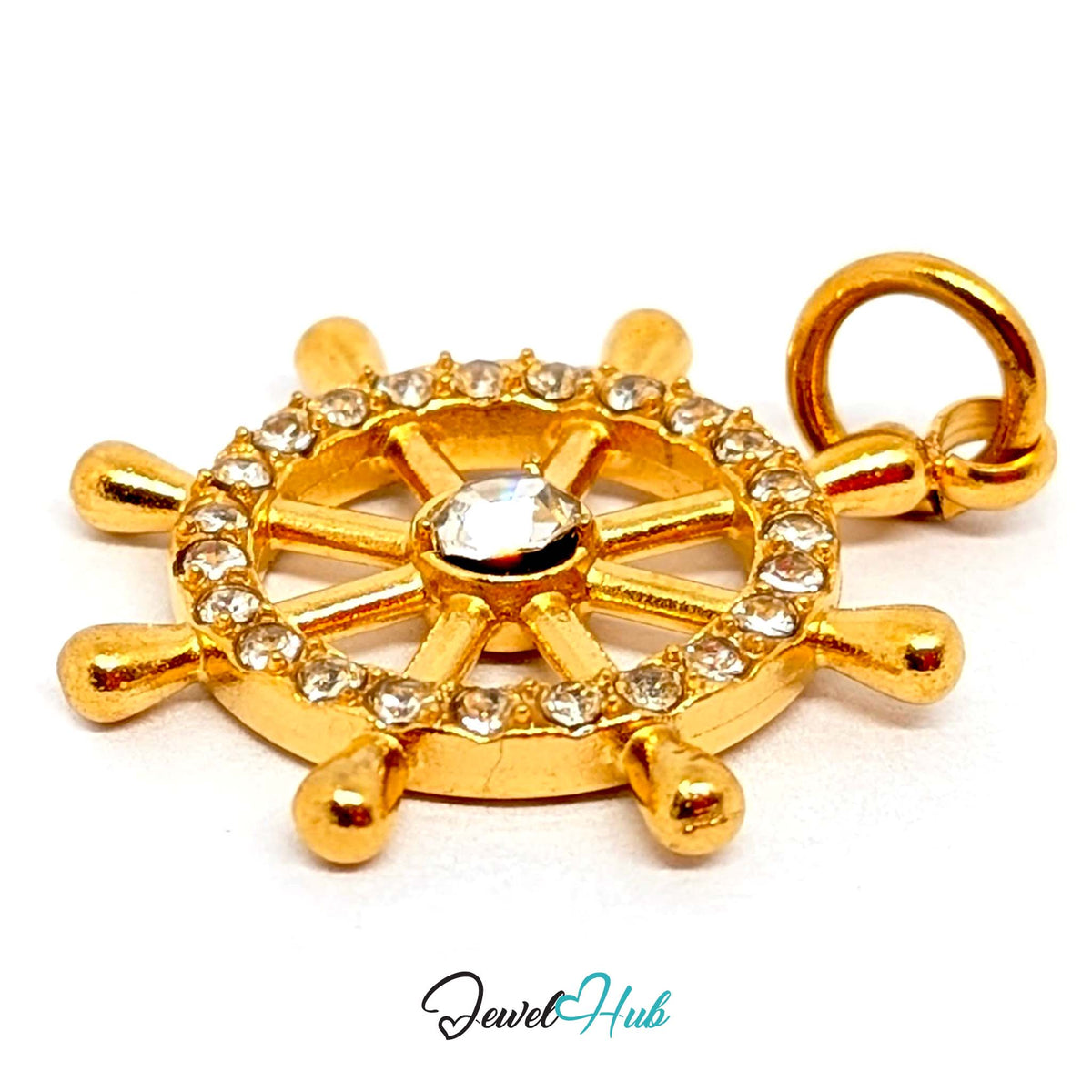 Angled view of the gold-tone ship wheel charm - JewelHub