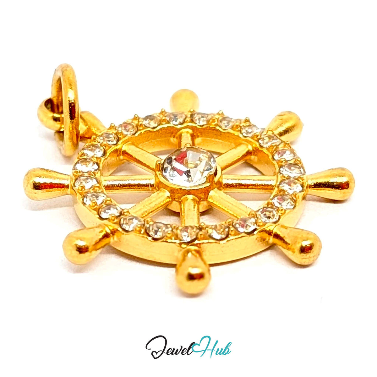 Side view of the gold-tone ship wheel charm - JewelHub
