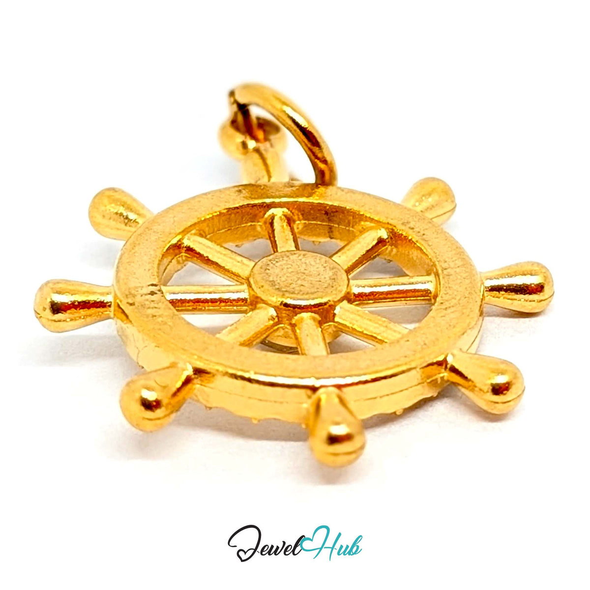 Close-up of the gold-tone ship wheel charm detail - JewelHub