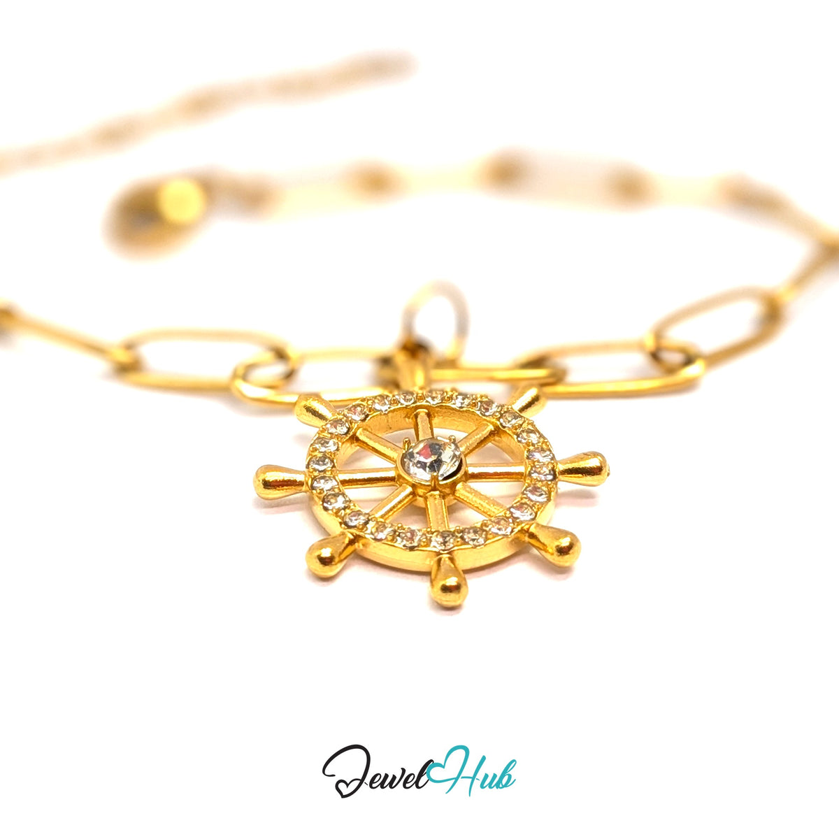 Gold-tone ship wheel charm styled on a gold paperclip chain bracelet - JewelHub