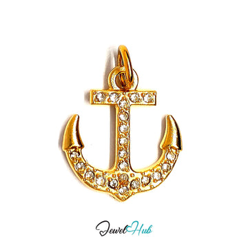 Crystal anchor charm in gold-tone stainless steel, with clear glue-set crystals - JewelHub