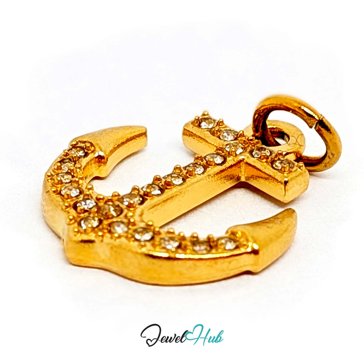 Angled view of the gold-tone crystal anchor charm - JewelHub