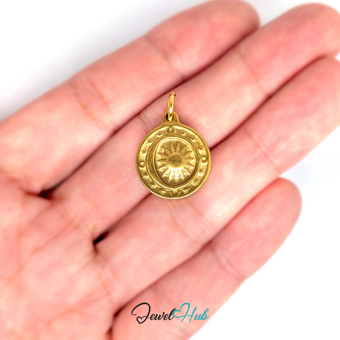 Sun medallion charm in gold-tone stainless steel - JewelHub